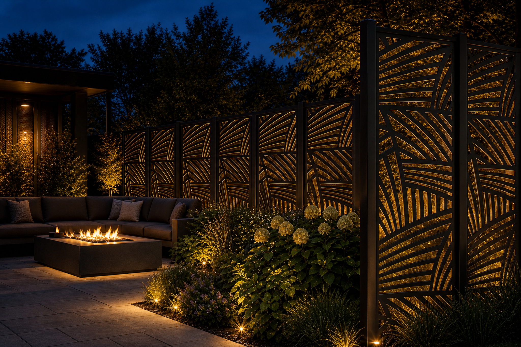 Design 031 Palm Leaf Lines Laser Cut Metal Privacy Screen Panel installed garden night lighting view