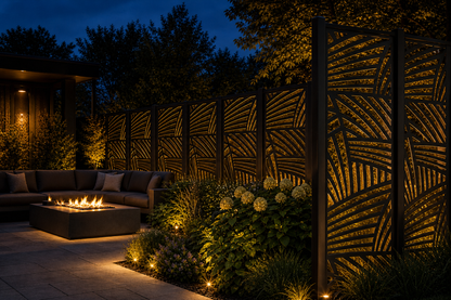Design 031 Palm Leaf Lines Laser Cut Metal Privacy Screen Panel installed garden night lighting view