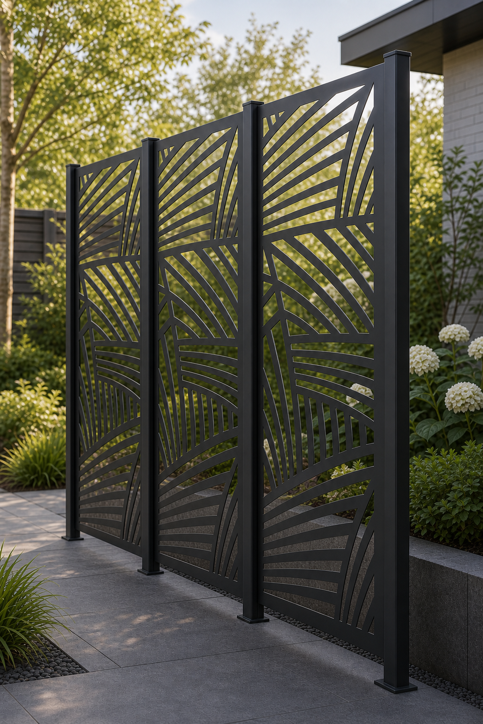 Design 031 Palm Leaf Lines Laser Cut Metal Privacy Screen Panel oblique angle view