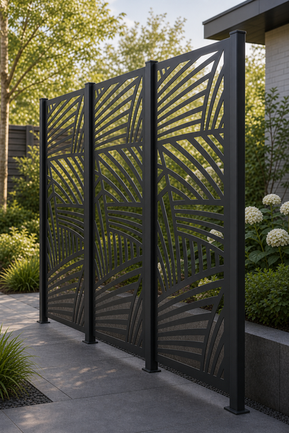 Design 031 Palm Leaf Lines Laser Cut Metal Privacy Screen Panel oblique angle view