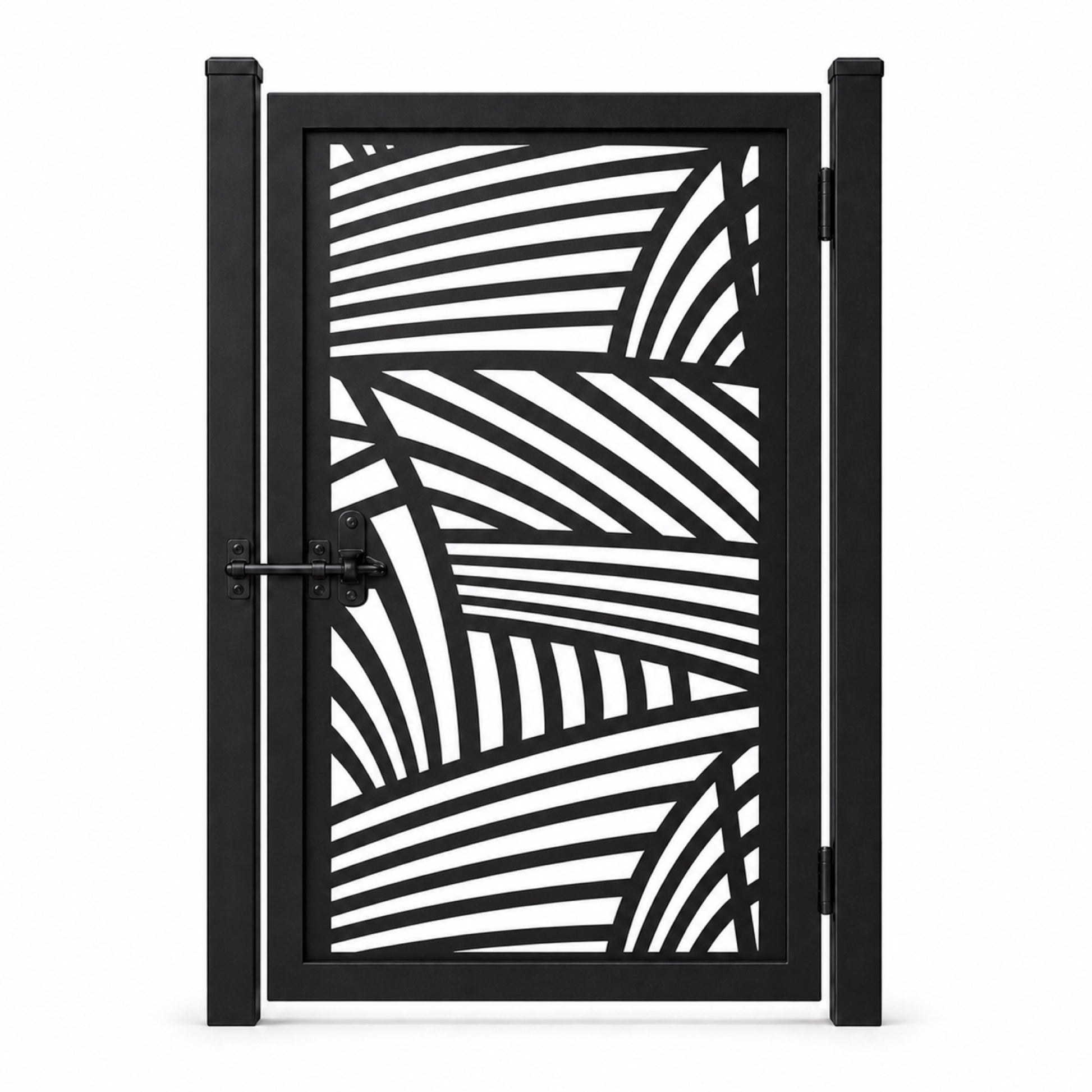 Design 031 radiating arc line black laser cut metal pedestrian gate closed view