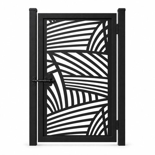 Design 031 radiating arc line black laser cut metal pedestrian gate closed view