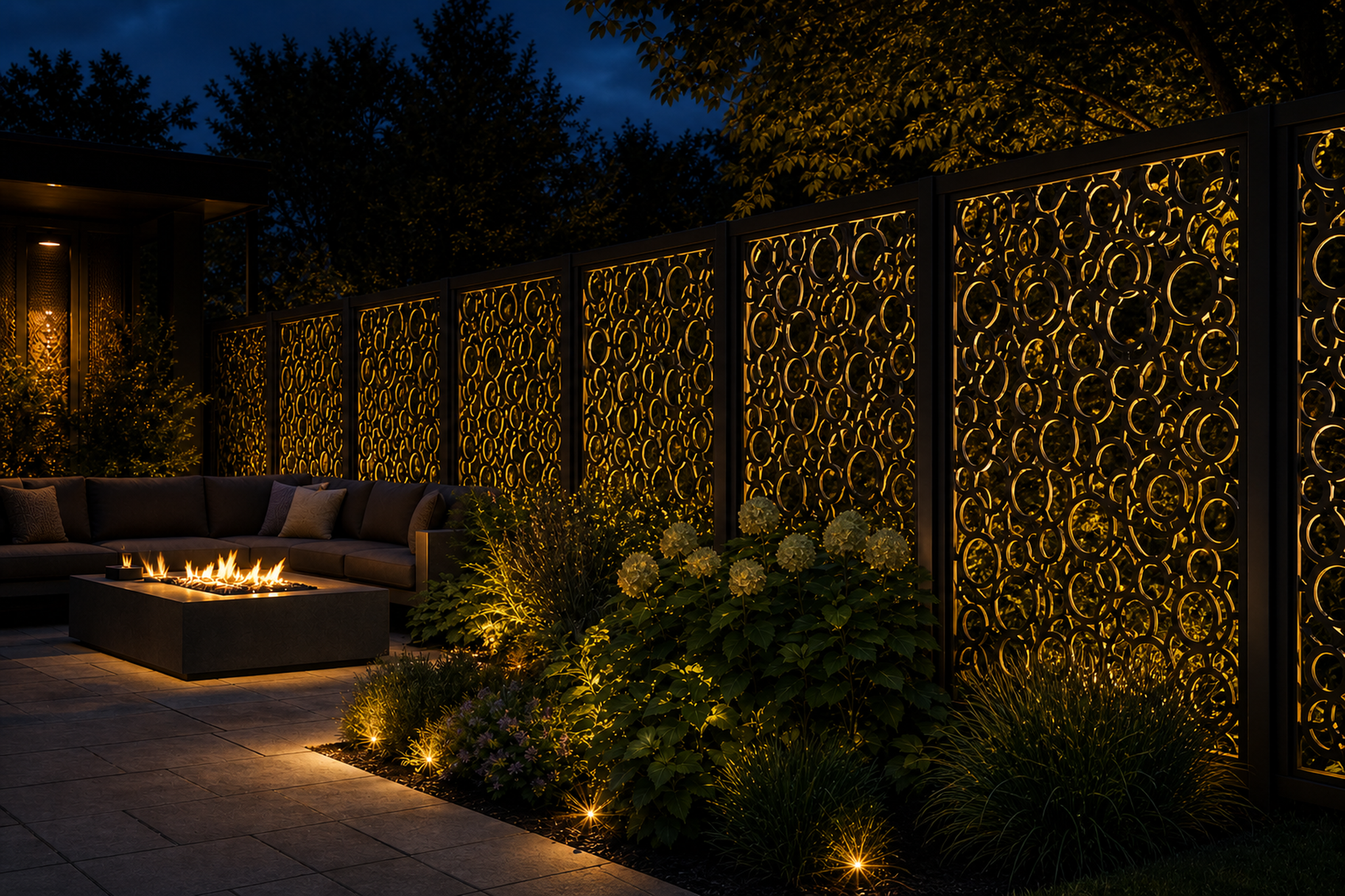 Design 032 Interlocking Circles Laser Cut Metal Privacy Screen Panel installed garden night lighting view