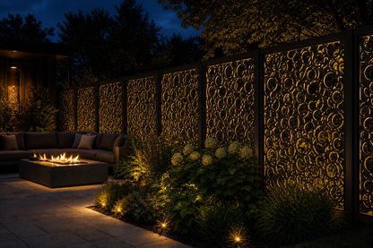 Design 032 Interlocking Circles Laser Cut Metal Privacy Screen Panel installed garden night lighting view