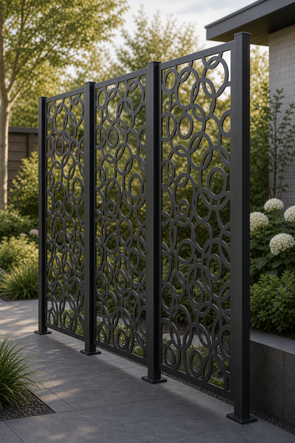 Design 032 Interlocking Circles Laser Cut Metal Privacy Screen Panel oblique angle view