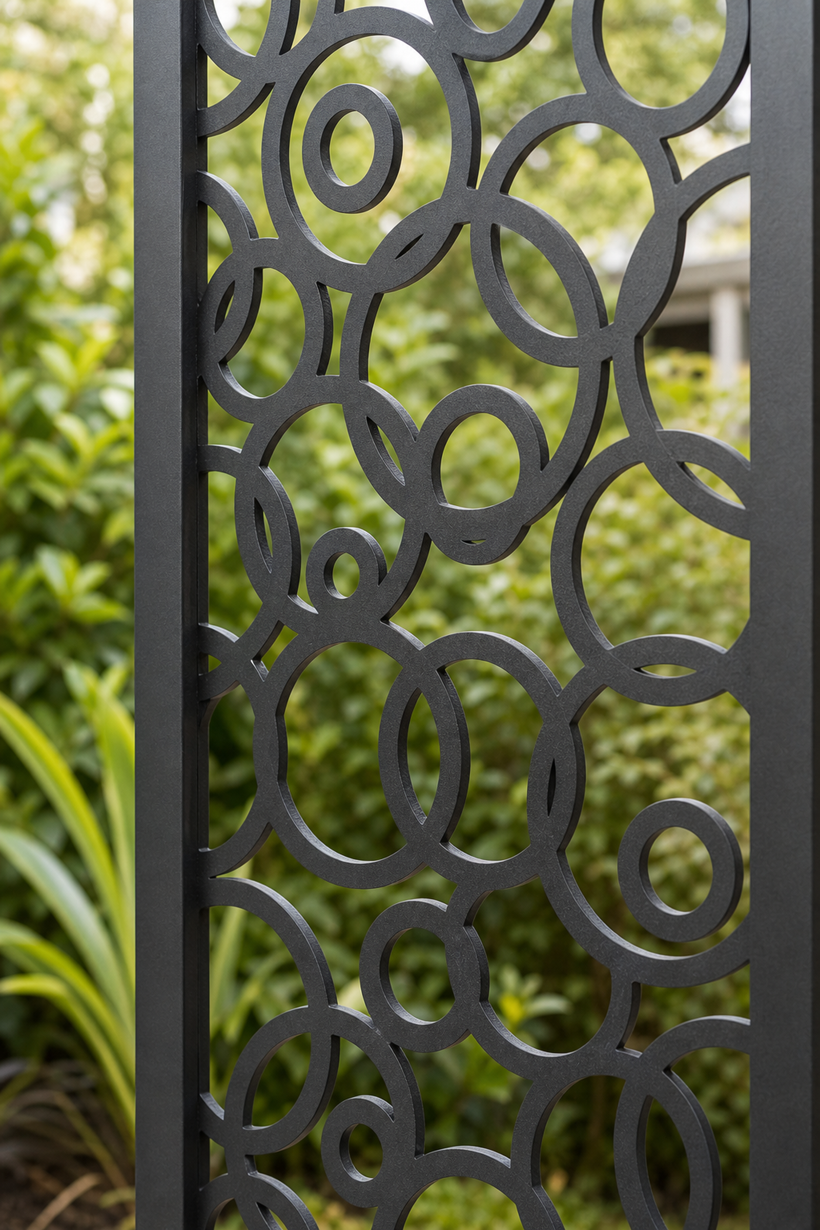 Design 032 Interlocking Circles Laser Cut Metal Privacy Screen Panel close-up detail view