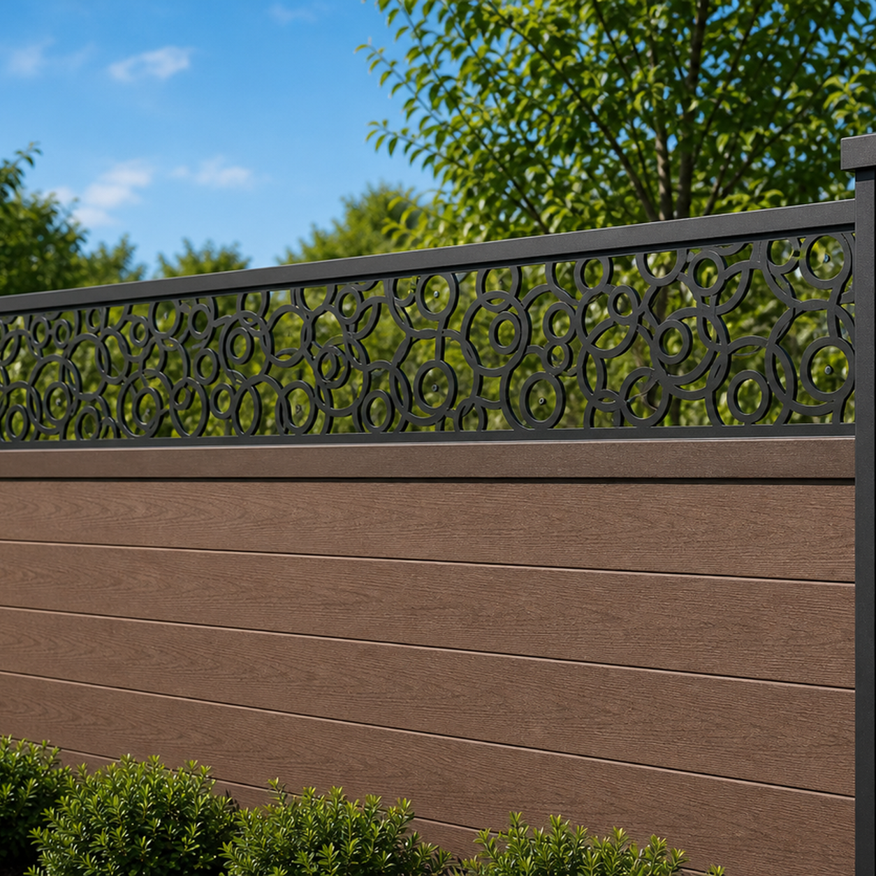 Open Floral Vine laser cut fence extension panel installed on composite fence, angle view, Design 032