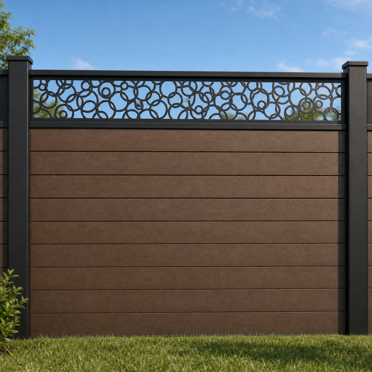 Open Floral Vine metal fence topper installed above WPC composite privacy fence, front view, Design 032