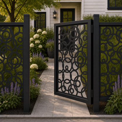 Design 032 overlapping circle black aluminium side gate open view