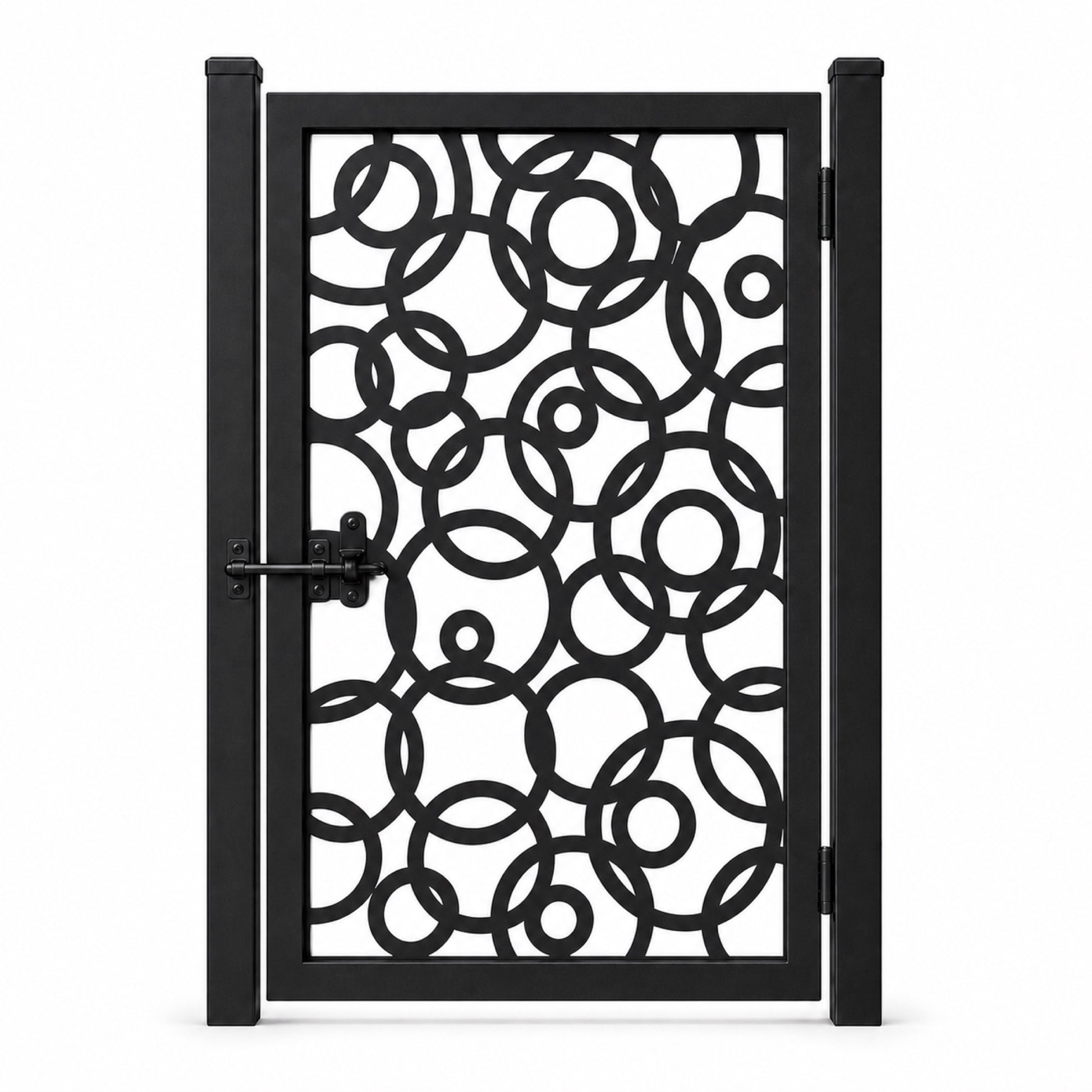 Design 032 overlapping circle black laser cut metal pedestrian gate closed view