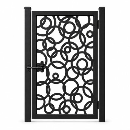 Design 032 overlapping circle black laser cut metal pedestrian gate closed view