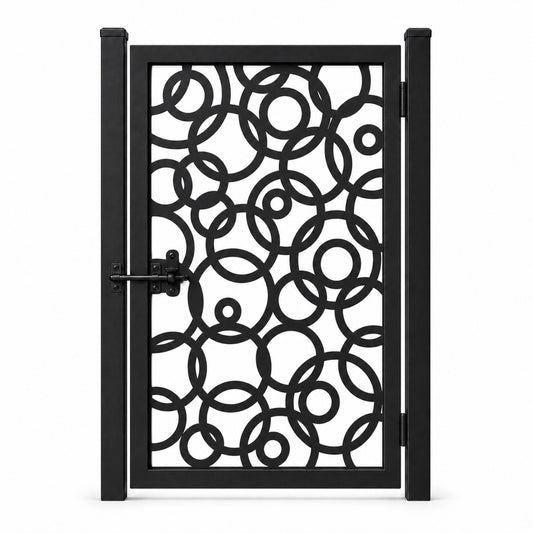 Design 032 overlapping circle black laser cut metal pedestrian gate closed view