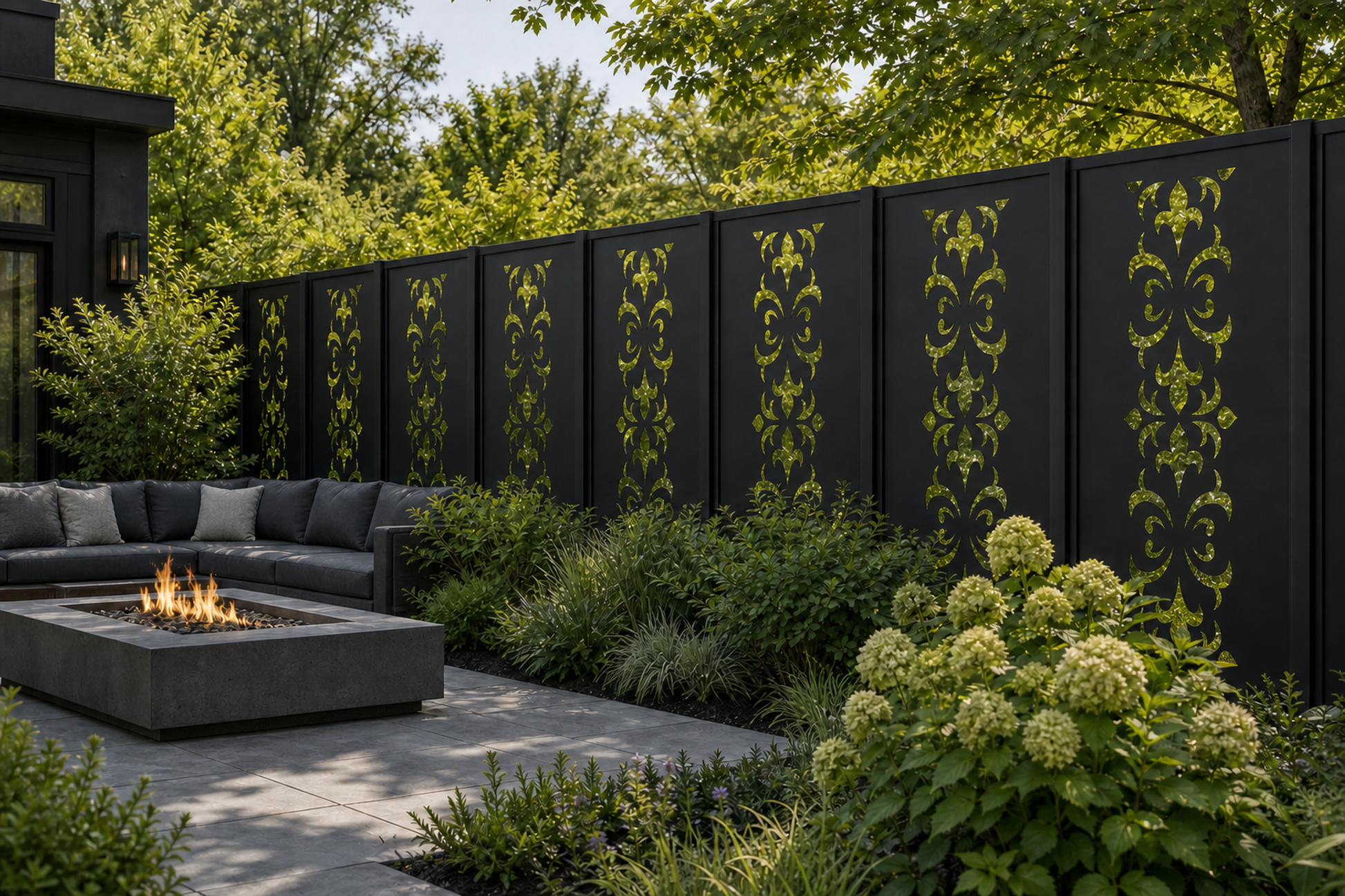 Design 033 Classic Damask Laser Cut Metal Privacy Screen Panel installed garden daylight view