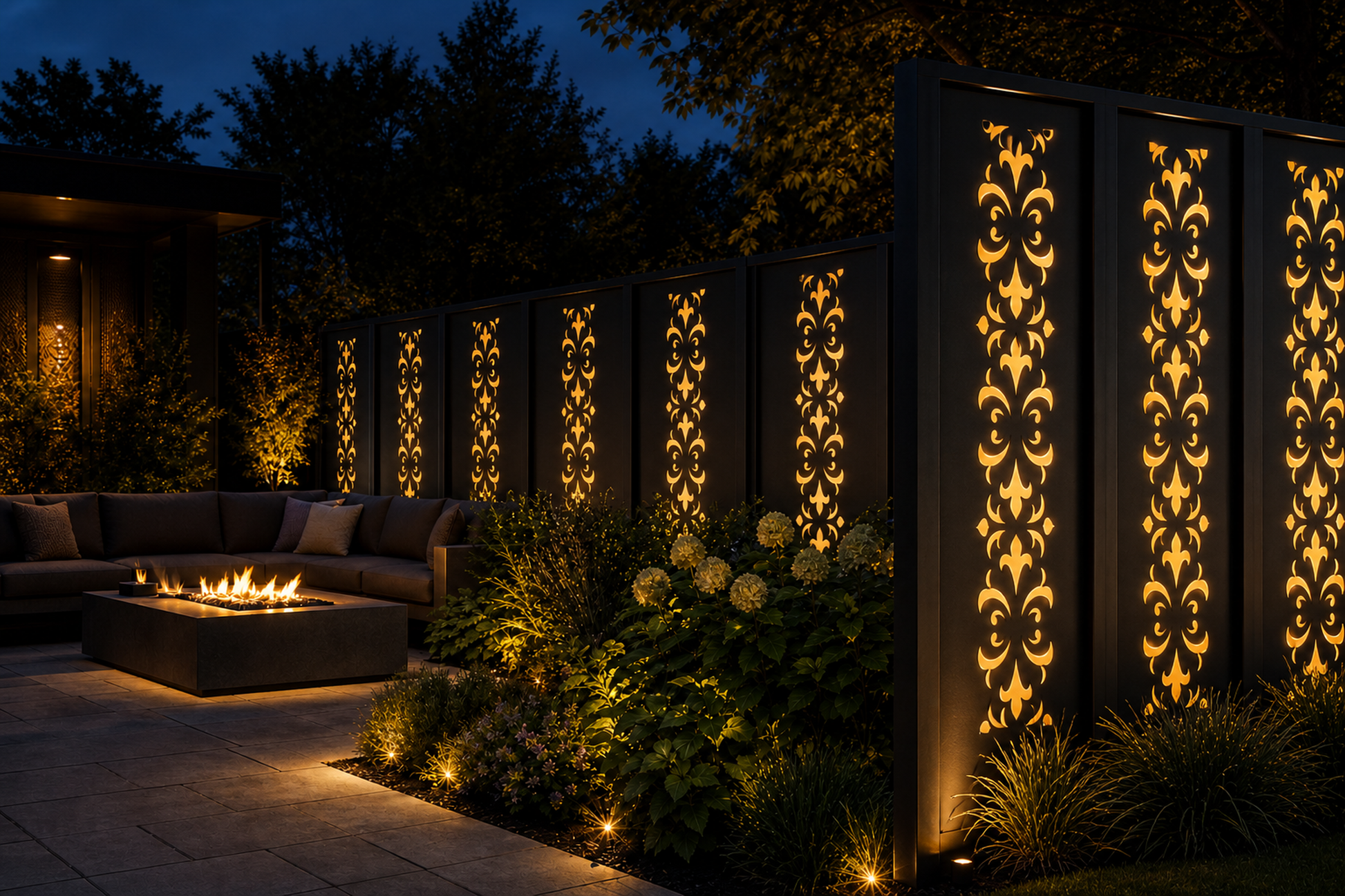Design 033 Classic Damask Laser Cut Metal Privacy Screen Panel installed garden night lighting view