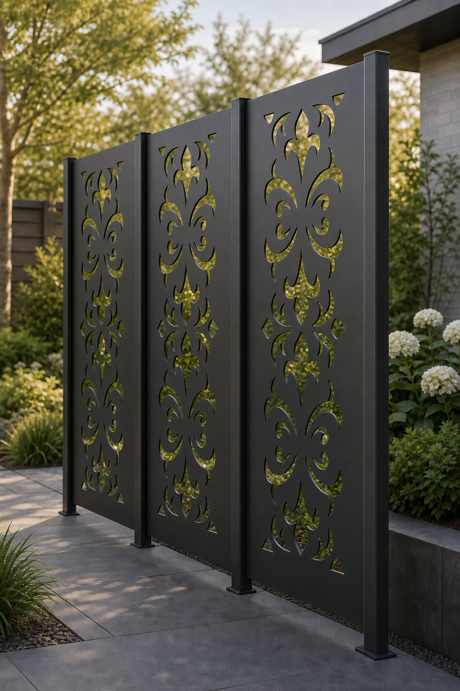 Design 033 Classic Damask Laser Cut Metal Privacy Screen Panel oblique angle view