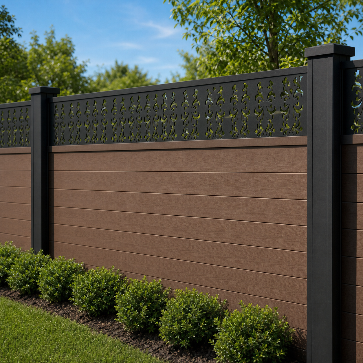 Star Medallion Grid laser cut fence extension panel installed on composite fence, angle view, Design 033