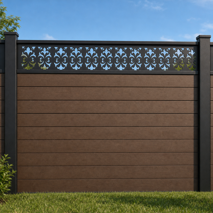 Star Medallion Grid metal fence topper installed above WPC composite privacy fence, front view, Design 033
