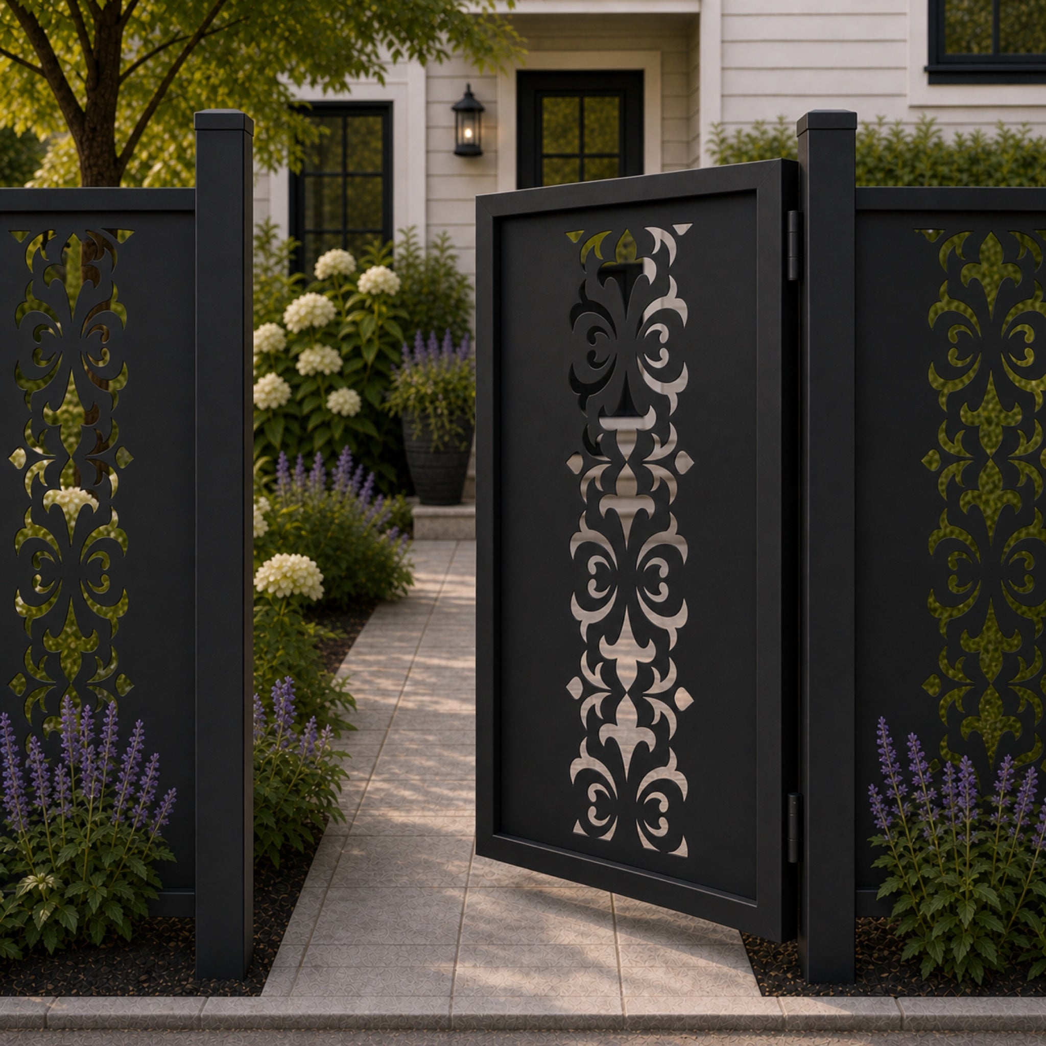 Design 033 symmetrical european floral black aluminium side gate open view