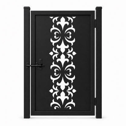 Design 033 symmetrical european floral black laser cut metal pedestrian gate closed view