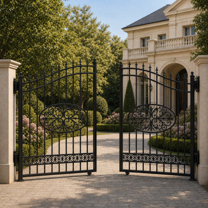 EONE Design 034 arched driveway gate with floral center medallions shown 30 degrees open for driveway entry view