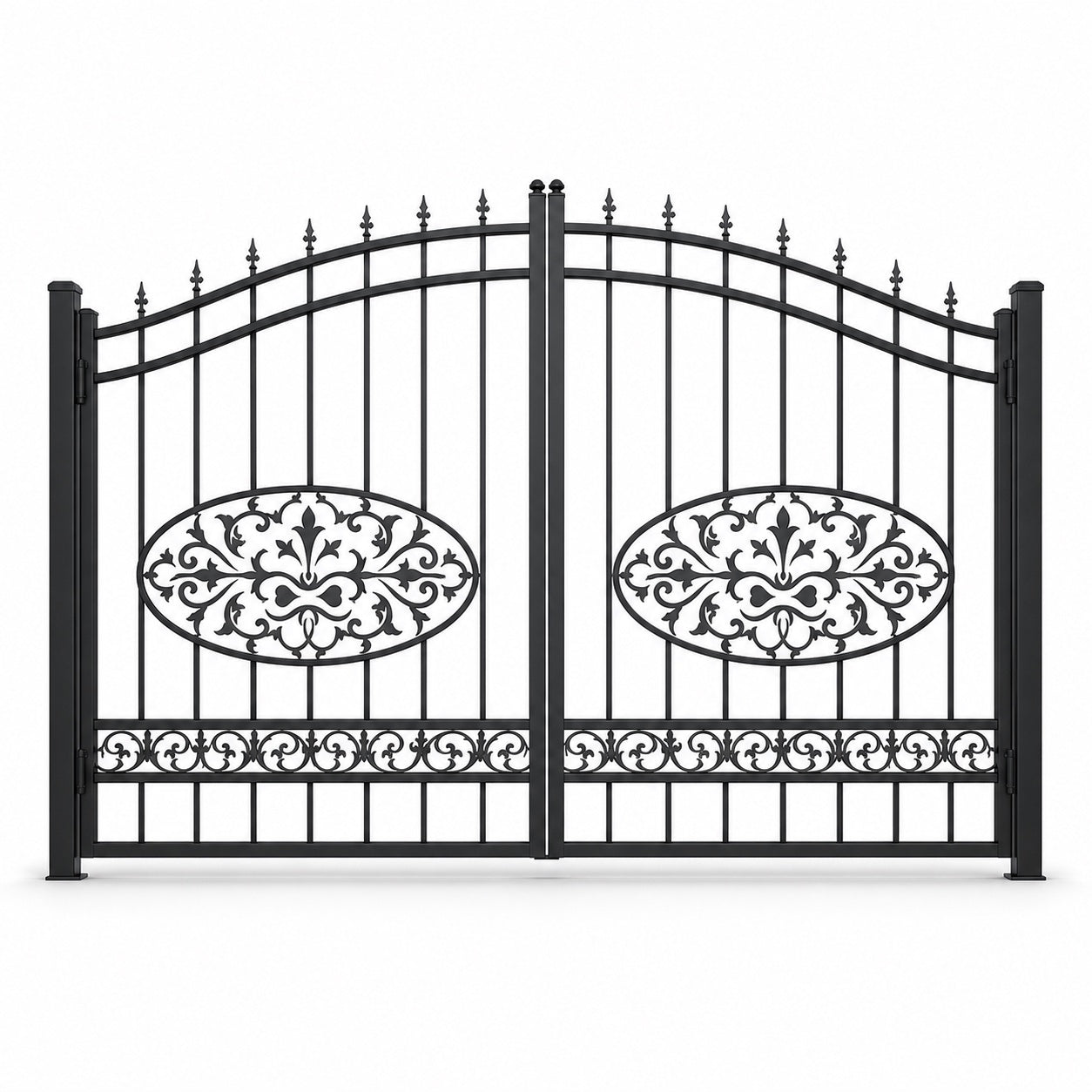 EONE Design 034 arched driveway gate with floral center medallions shown as a closed double swing estate driveway gate