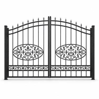EONE Design 034 arched driveway gate with floral center medallions shown as a closed double swing estate driveway gate