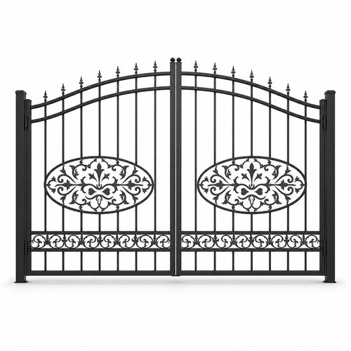 EONE Design 034 arched driveway gate with floral center medallions shown as a closed double swing estate driveway gate