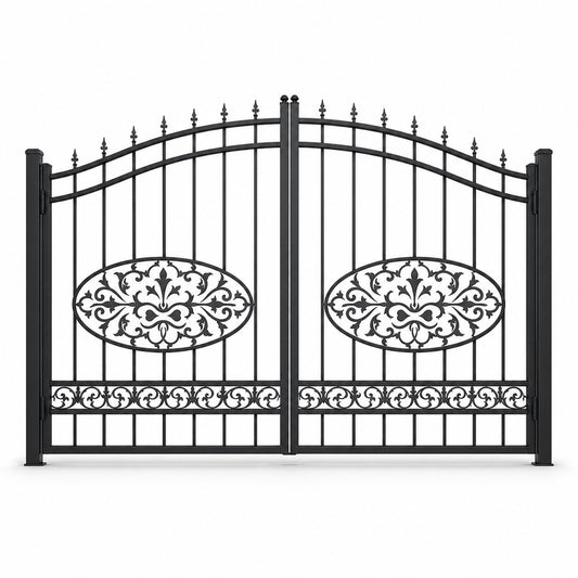 EONE Design 034 arched driveway gate with floral center medallions shown as a closed double swing estate driveway gate