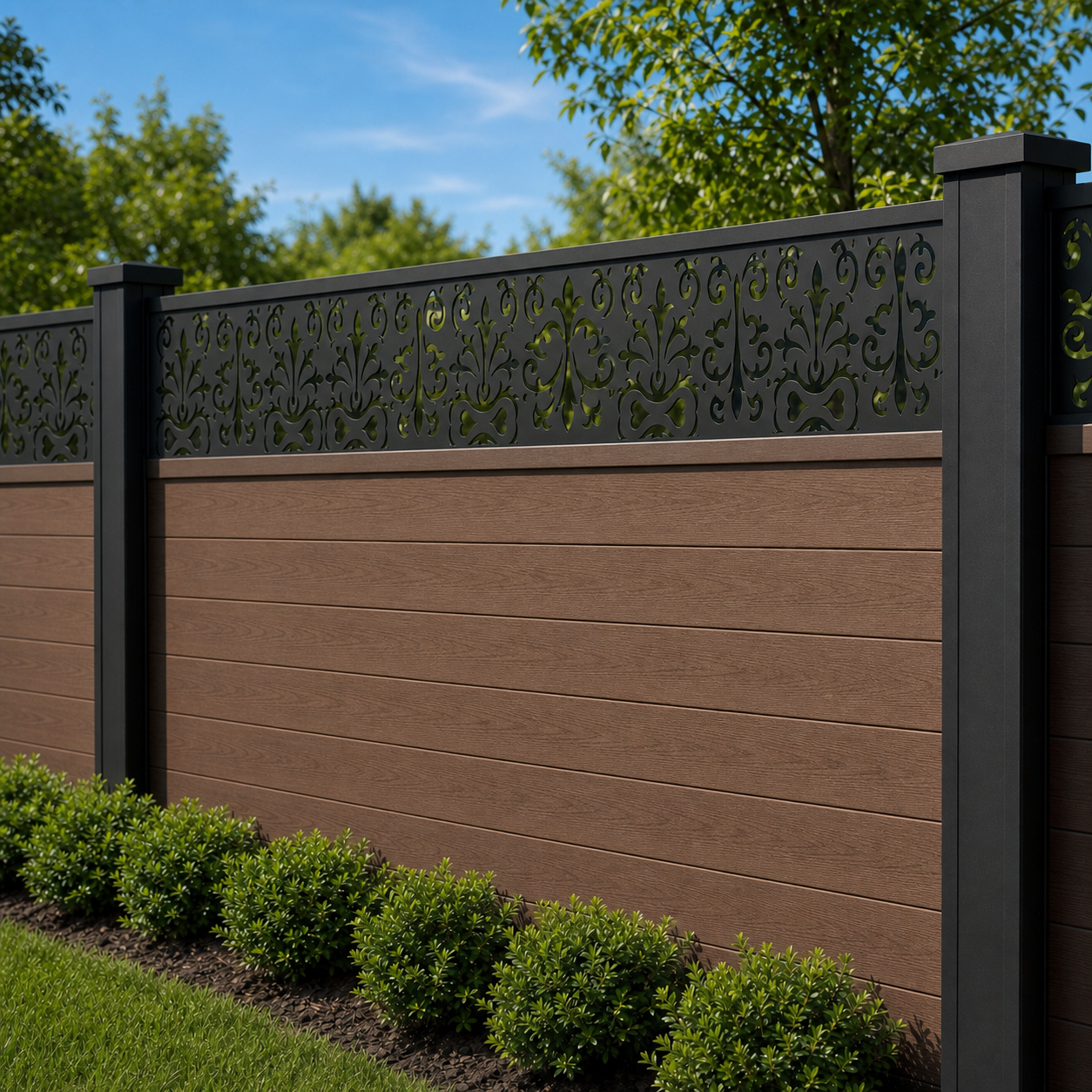 Garden Filigree Lace laser cut fence extension panel installed on composite fence, angle view, Design 034