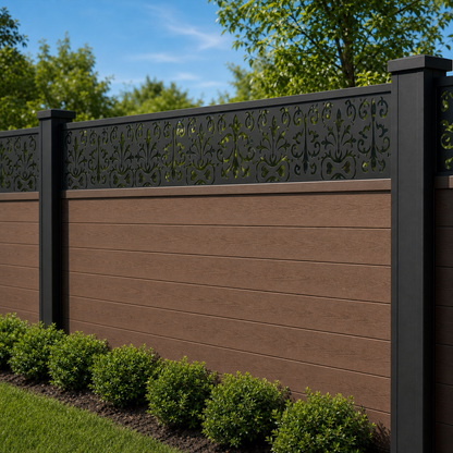 Garden Filigree Lace laser cut fence extension panel installed on composite fence, angle view, Design 034