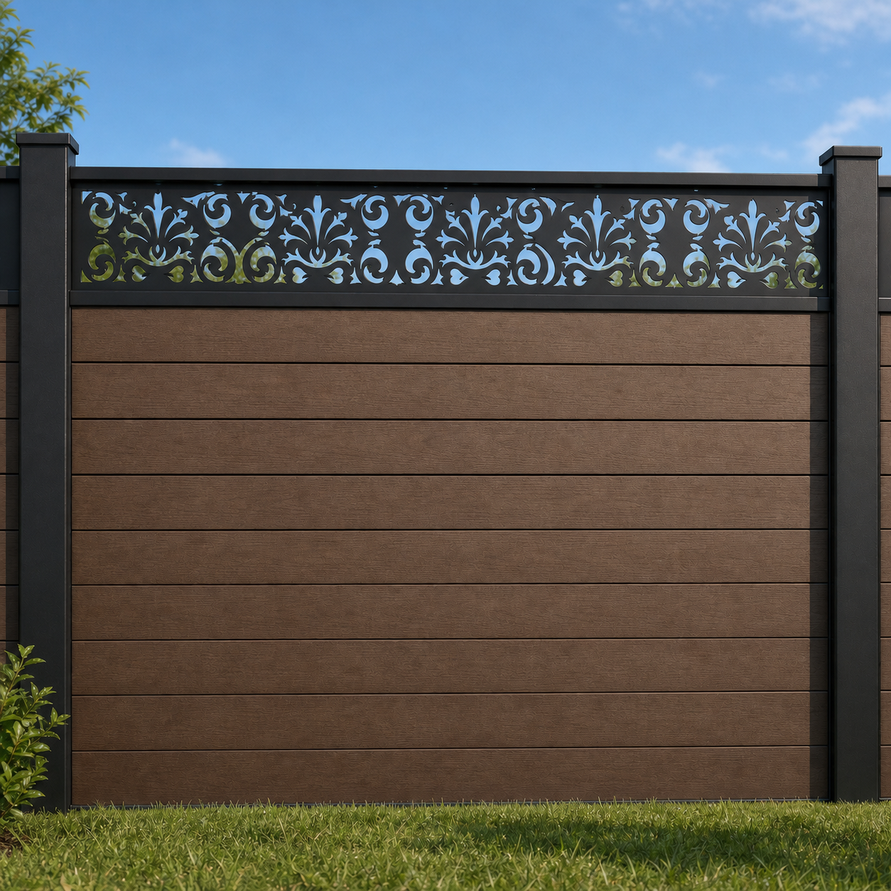 Garden Filigree Lace metal fence topper installed above WPC composite privacy fence, front view, Design 034