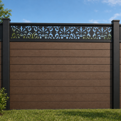 Garden Filigree Lace metal fence topper installed above WPC composite privacy fence, front view, Design 034
