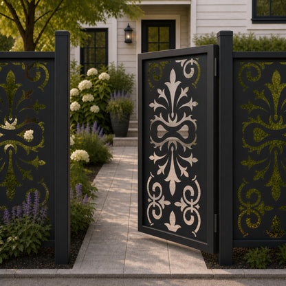 Design 034 large european floral black aluminium side gate open view
