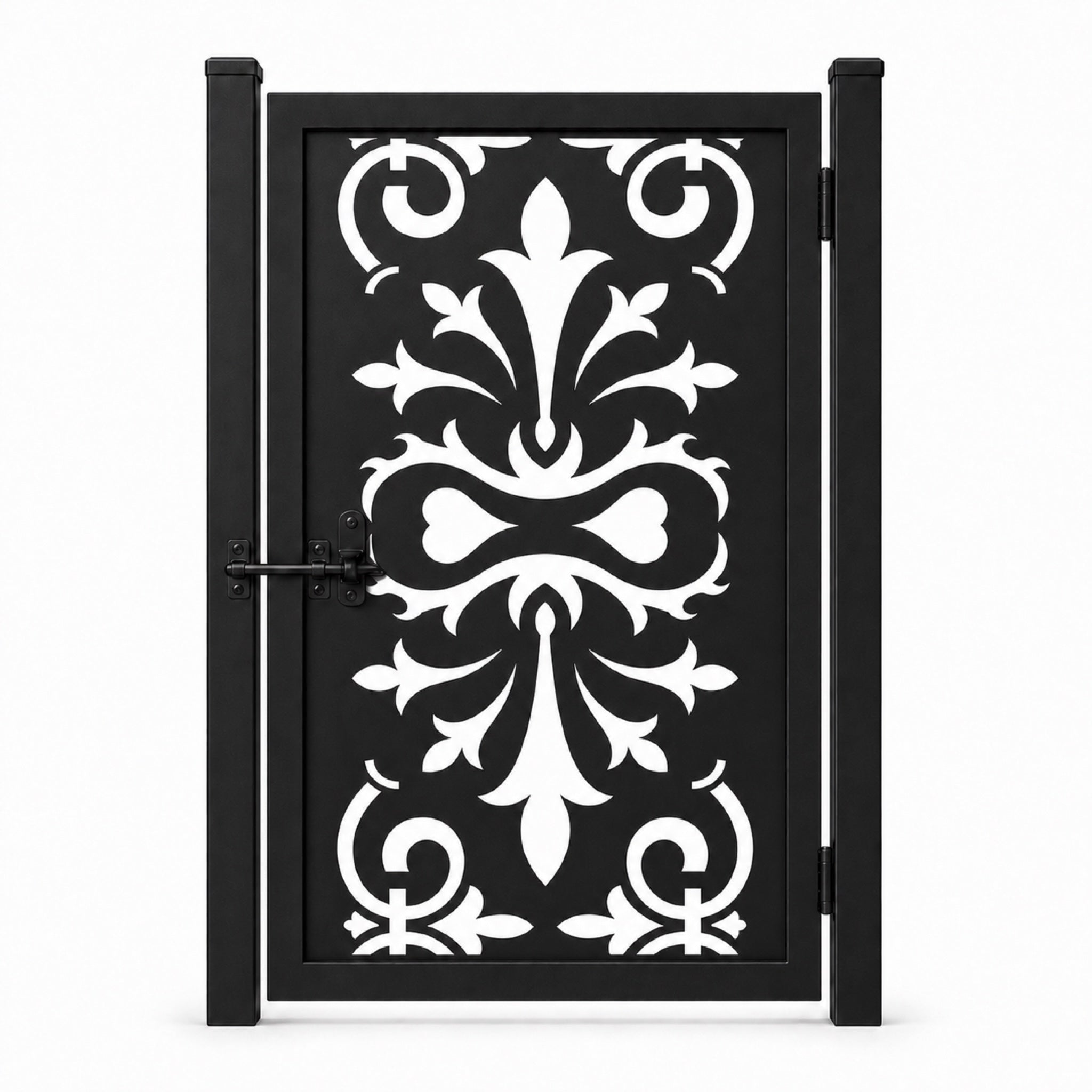Design 034 large european floral black laser cut metal pedestrian gate closed view