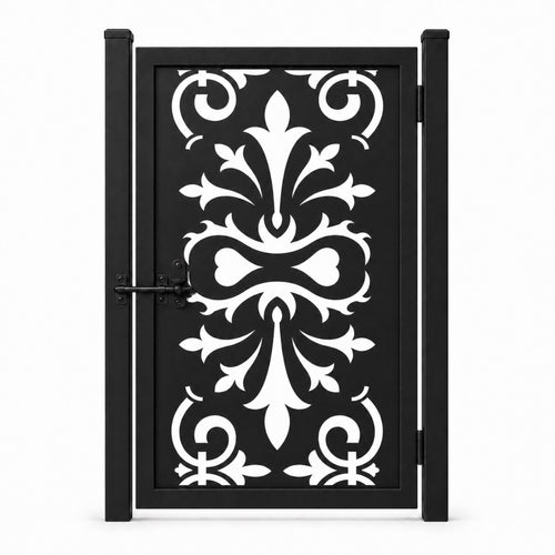 Design 034 large european floral black laser cut metal pedestrian gate closed view