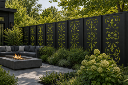 Design 034 Royal Fleur Damask Laser Cut Metal Privacy Screen Panel installed garden daylight view