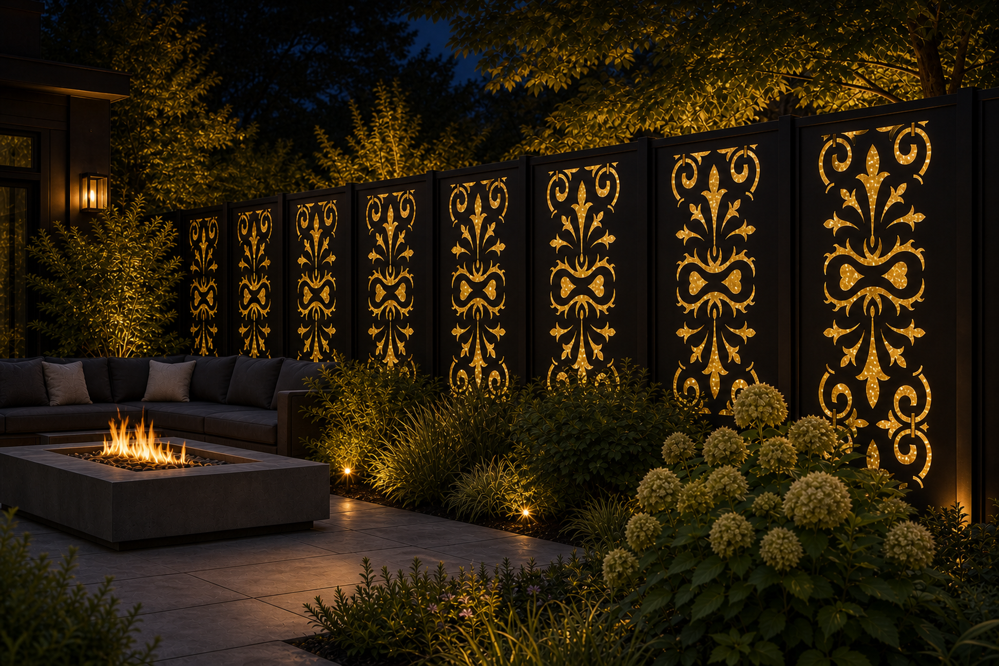 Design 034 Royal Fleur Damask Laser Cut Metal Privacy Screen Panel installed garden night lighting view