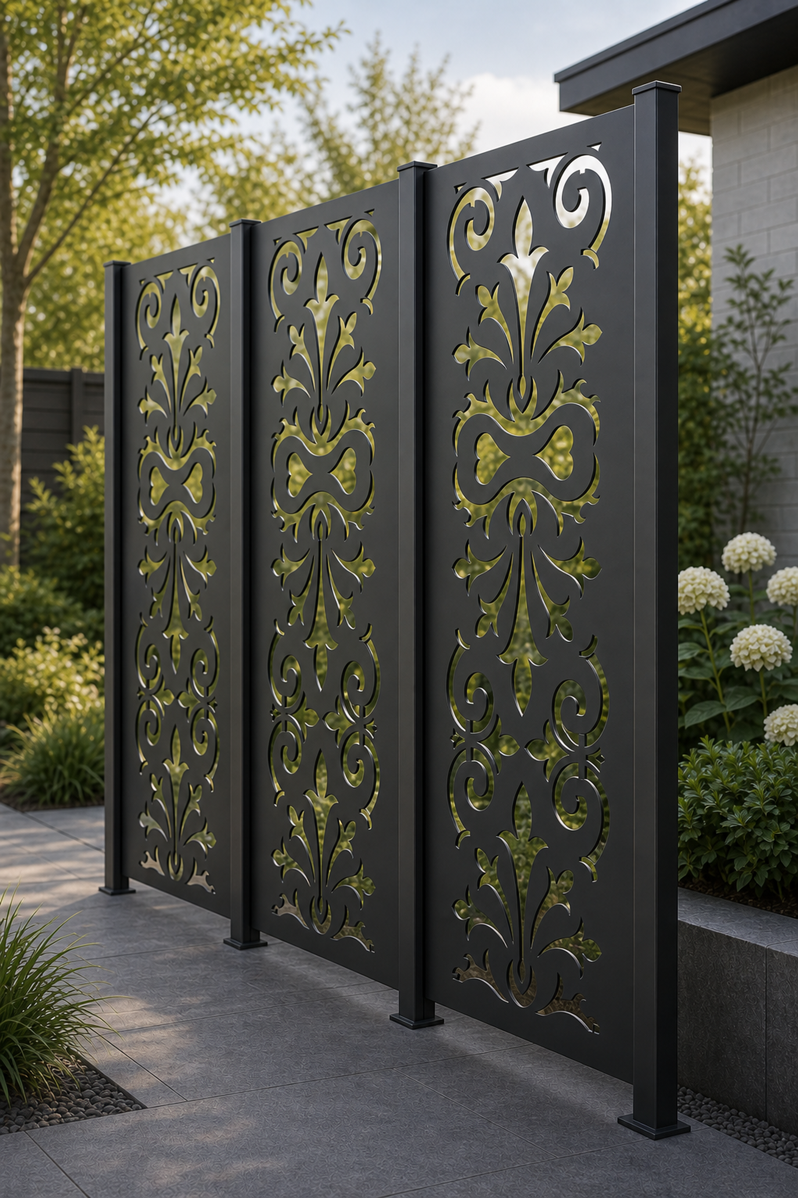 Design 034 Royal Fleur Damask Laser Cut Metal Privacy Screen Panel oblique angle view
