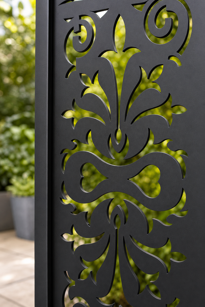 Design 034 Royal Fleur Damask Laser Cut Metal Privacy Screen Panel close-up detail view