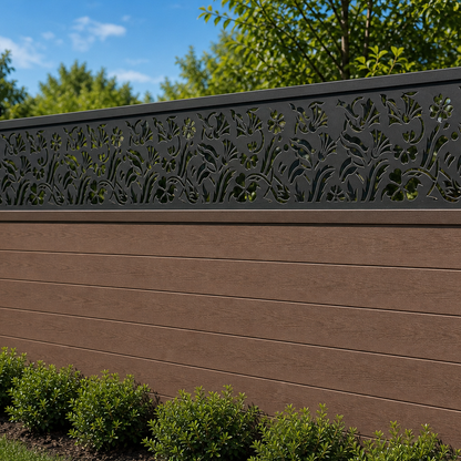 Feather Leaf Weave laser cut fence extension panel installed on composite fence, angle view, Design 035