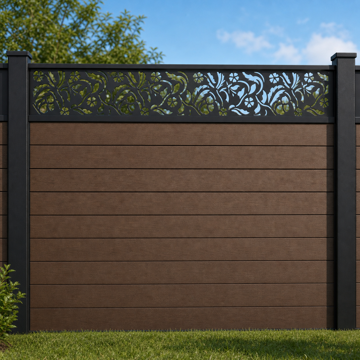 Feather Leaf Weave metal fence topper installed above WPC composite privacy fence, front view, Design 035