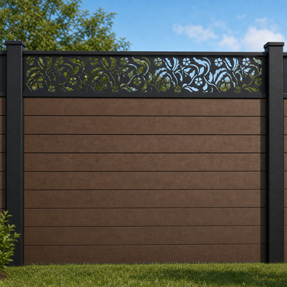 Feather Leaf Weave metal fence topper installed above WPC composite privacy fence, front view, Design 035