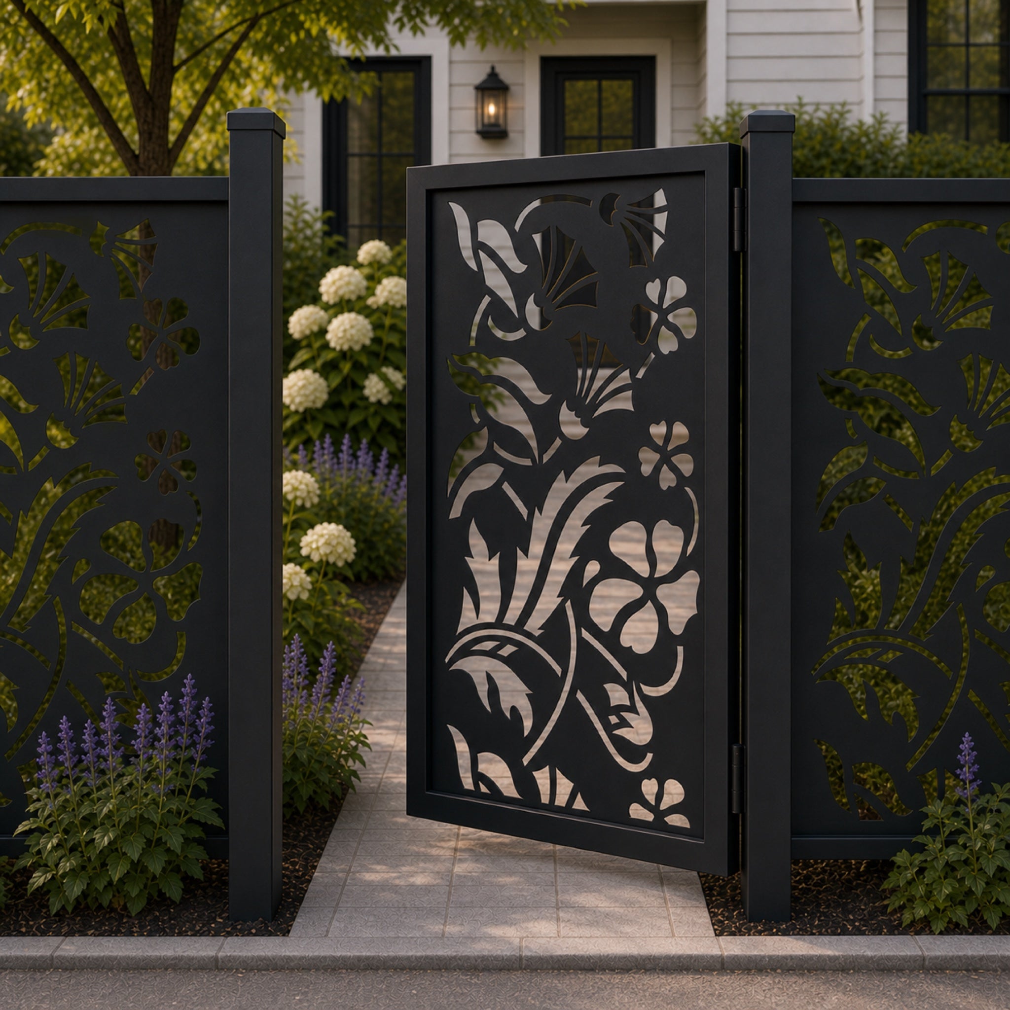 Design 035 floral vine black aluminium side gate open view