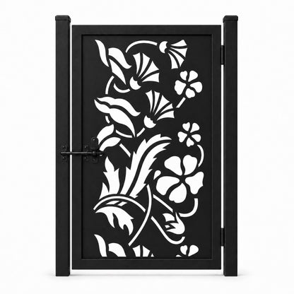 Design 035 floral vine black laser cut metal pedestrian gate closed view