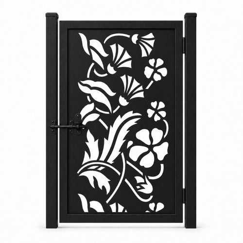 Design 035 floral vine black laser cut metal pedestrian gate closed view