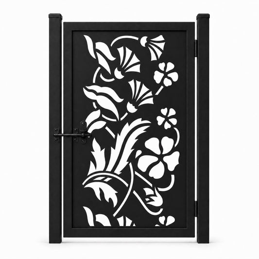 Design 035 floral vine black laser cut metal pedestrian gate closed view
