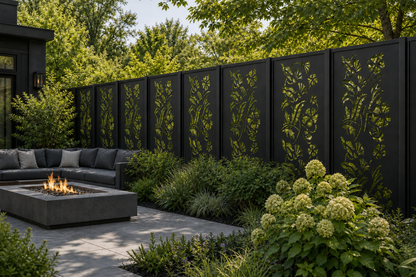 Design 035 Garden Vine Flowers Laser Cut Metal Privacy Screen Panel installed garden daylight view