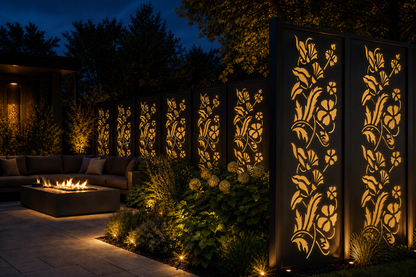 Design 035 Garden Vine Flowers Laser Cut Metal Privacy Screen Panel installed garden night lighting view