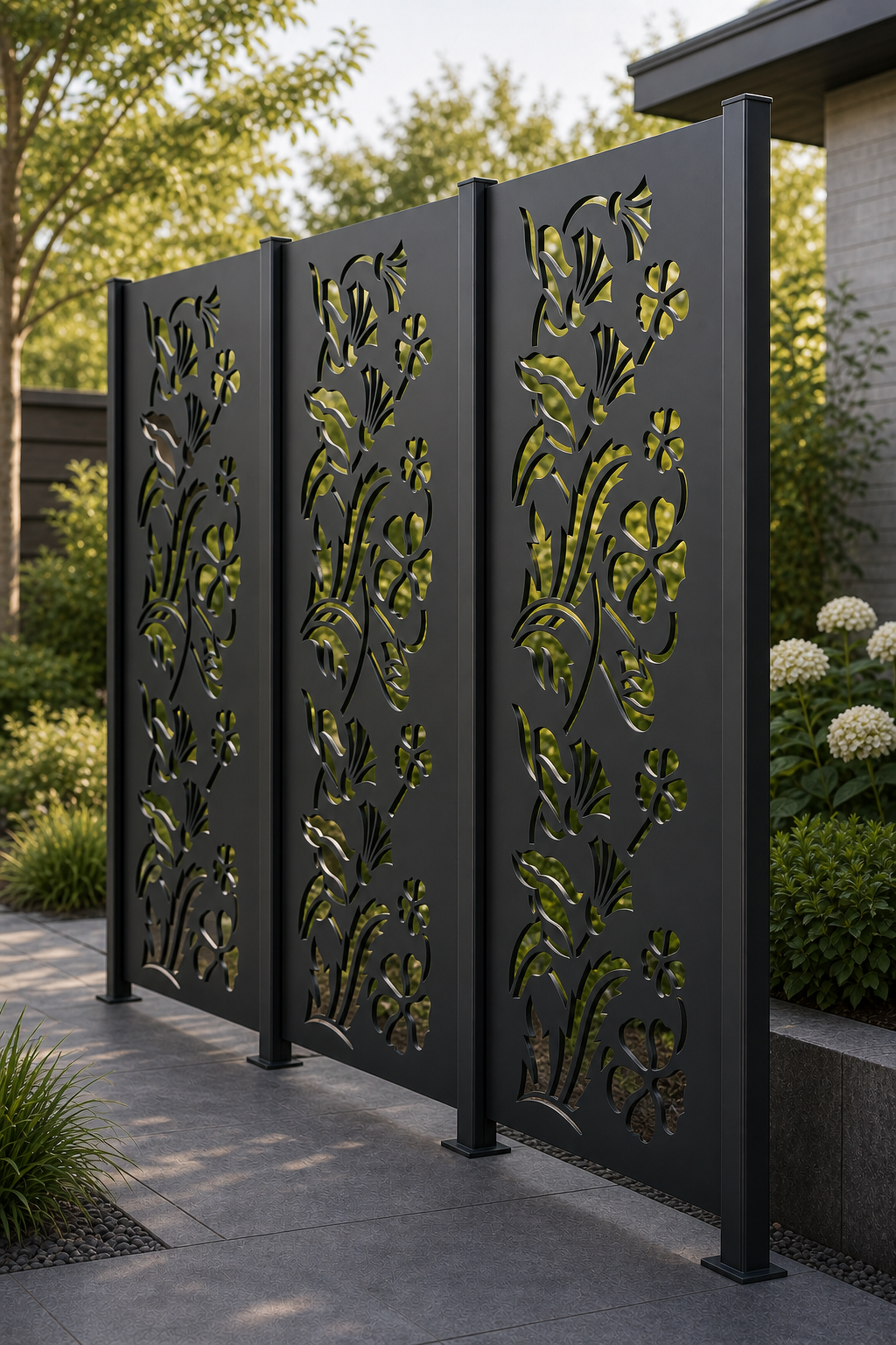 Design 035 Garden Vine Flowers Laser Cut Metal Privacy Screen Panel oblique angle view
