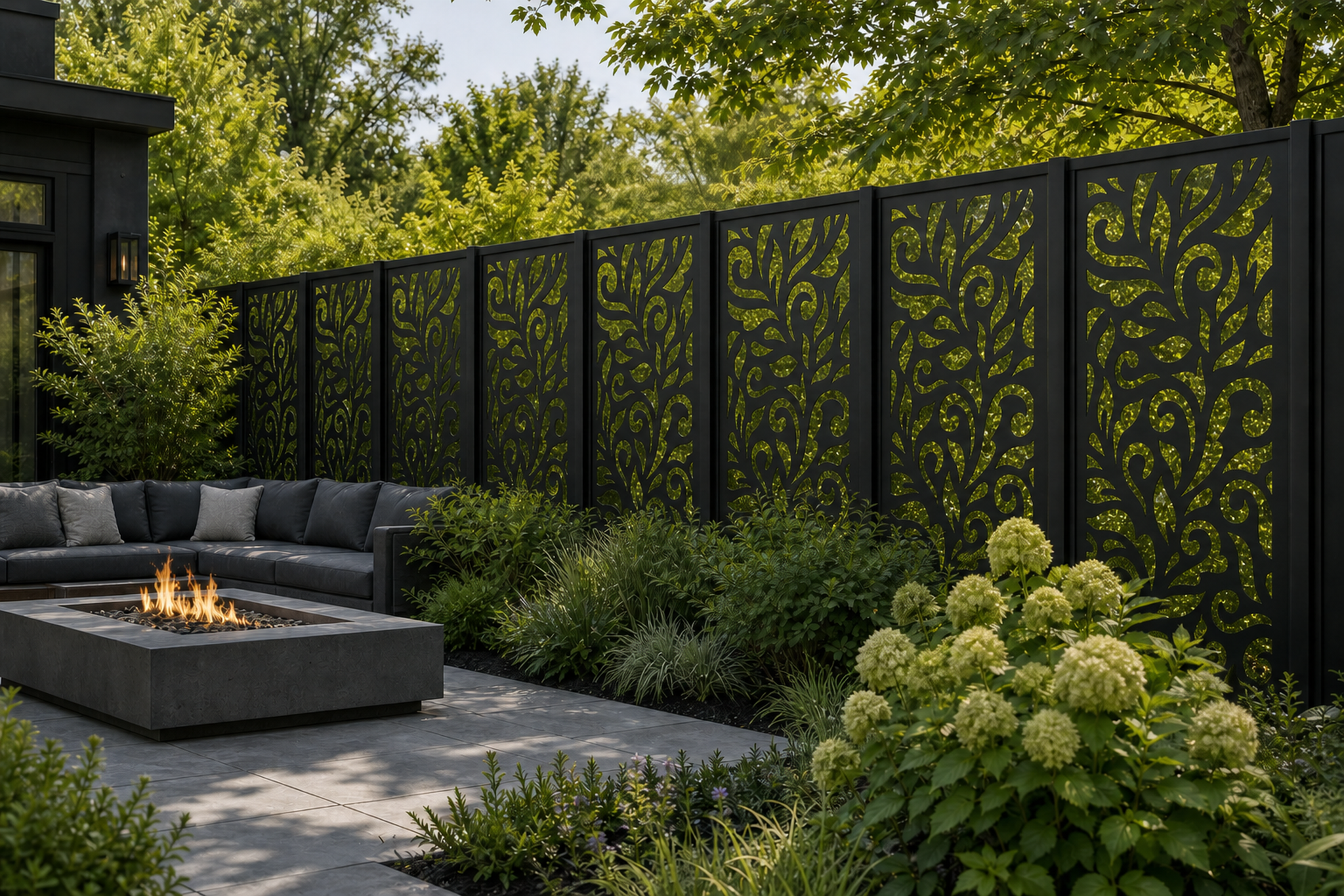 Design 036 Acanthus Vine Laser Cut Metal Privacy Screen Panel installed garden daylight view